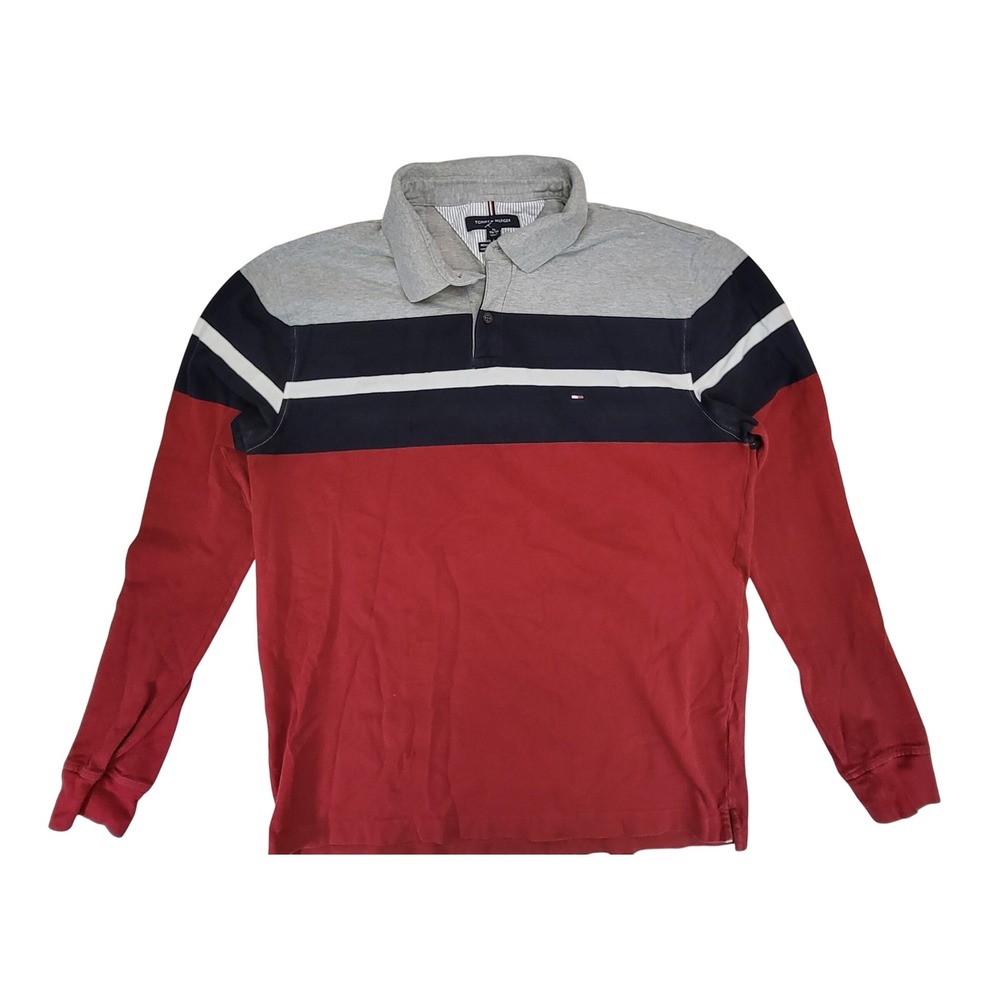 Tommy Hilfiger Men's Long Sleeve Rugby Polo Shirt Colorblock Red Grey Navy XL
